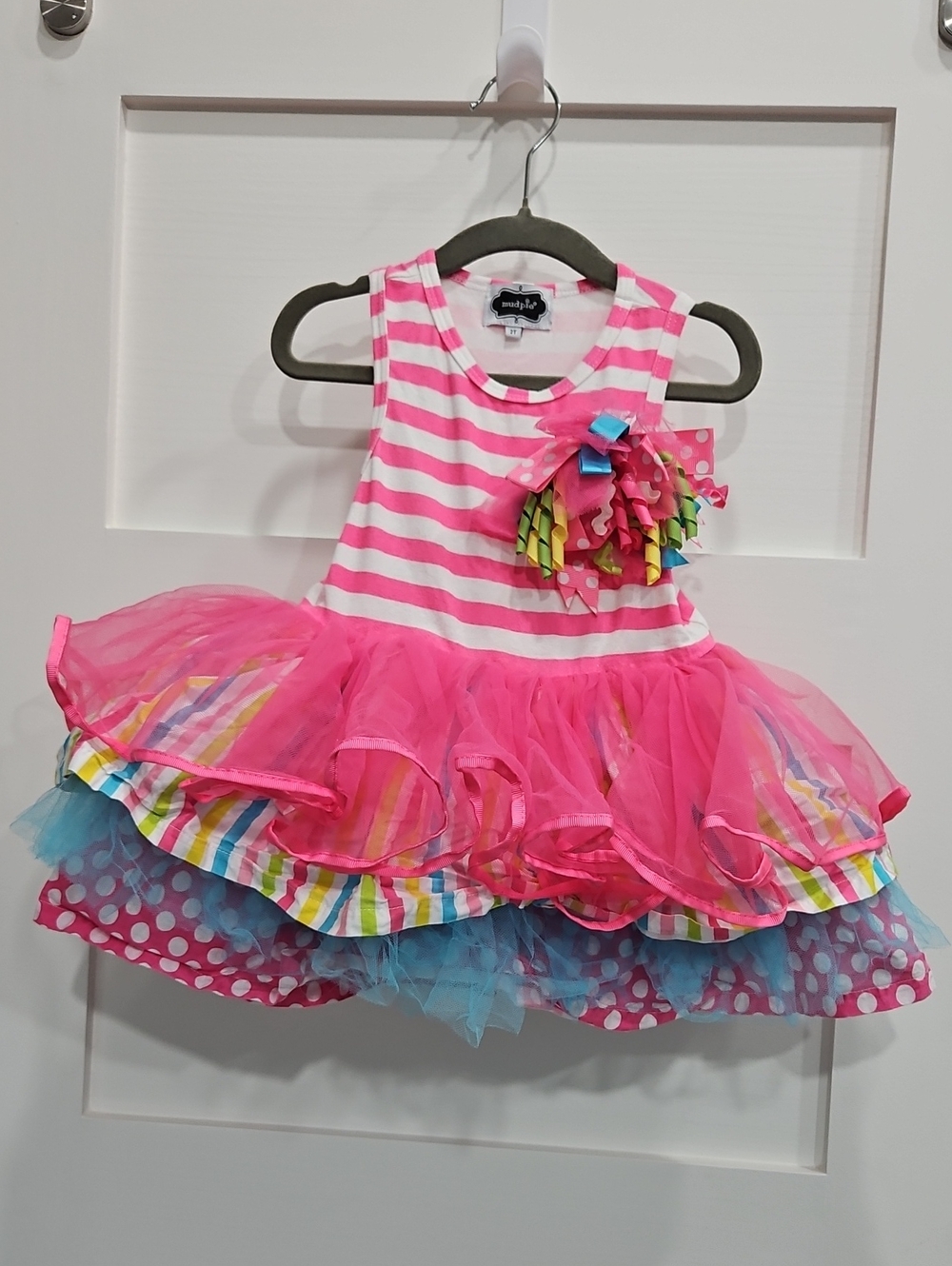 Mud Pie Hot Pink Striped Tutu Dress with Multi-Color Accents
